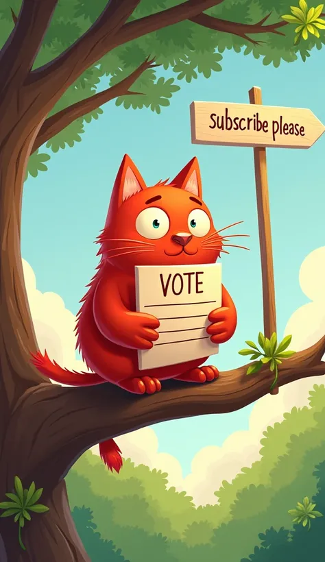 A red cat is sitting on a tree with a chick vote in hand and the sign says SUBSCRIBE PLEASE