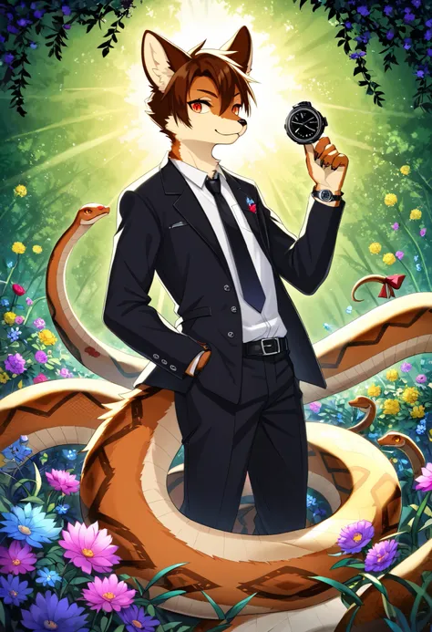 (best quality, high resolution, ultra-detailed)silhouett(kemono, furry anthro)holding striking pocket watch, surrounded by flowers, snakes and darkness, illustrative rendering, intricate details, mysterious atmosphere, vibrant colors, dynamic lighting , Go...