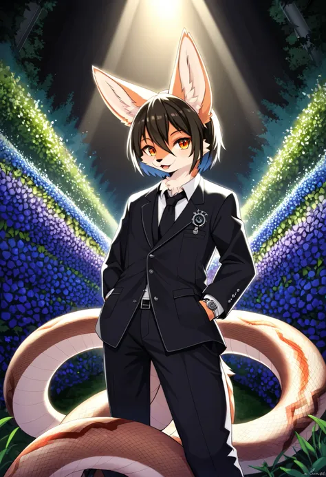 (best quality, high resolution, ultra-detailed)silhouett(kemono, furry anthro)holding striking pocket watch, surrounded by flowers, snakes and darkness, illustrative rendering, intricate details, mysterious atmosphere, vibrant colors, dynamic lighting , Go...