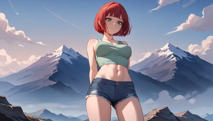 score_9_up, score_8_up, score_7_up, 1girl, solo, source_anime, Beautiful eyes BREAK 

Bob cut, red hair, short hair, Green eyes, medium breasts BREAK 

White tank top, navel, denim shorts BREAK 

Closed mouth, shy face, looking down, hands behind back, sta...