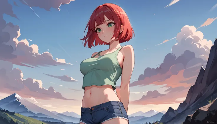 score_9_up, score_8_up, score_7_up, 1girl, solo, source_anime, Beautiful eyes BREAK 

Bob cut, red hair, short hair, Green eyes, medium breasts BREAK 

White tank top, navel, denim shorts BREAK 

Closed mouth, shy face, looking down, hands behind back, sta...