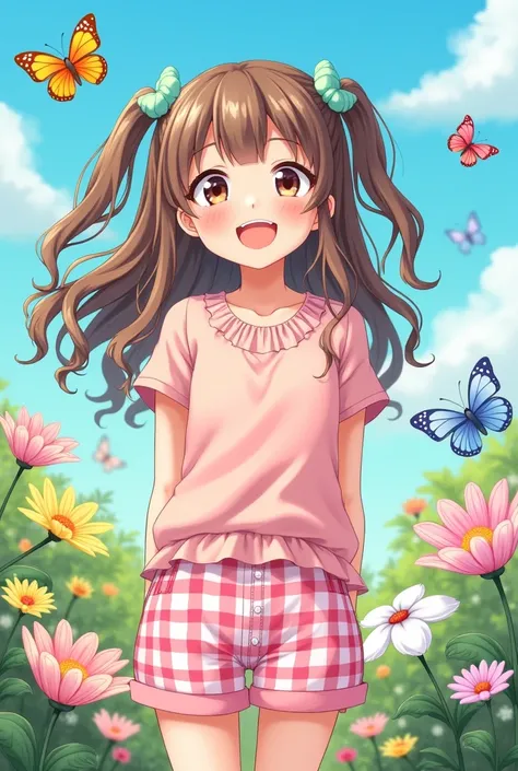 Create a manga cartoon drawing of a girl from the front, with long, wavy, bonse-brown hair tied with mint green accessories, wearing a pink blouse and pink checkered white shorts. In an outdoor scene with several butterflies, there are several pretty color...