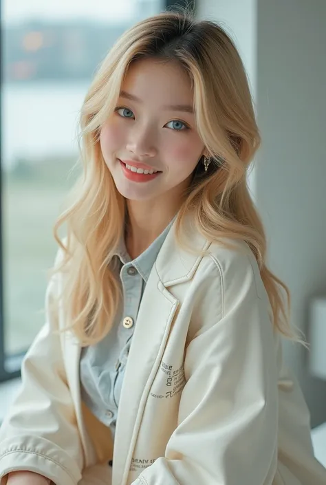 A blonde-haired girl, Clear blue eyes,  wearing clothes from brands , Korean ,Idol