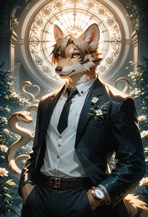 (best quality, high resolution, ultra-detailed)silhouett(kemono, furry anthro)holding striking pocket watch, surrounded by flowers, snakes and darkness, illustrative rendering, intricate details, mysterious atmosphere, vibrant colors, dynamic lighting , Go...