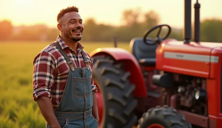 brown man in his 30s with a well-defined body next to a red tractor,  dressed in a farmers jumpsuit with a plaid shirt and having a great day with lots of sun