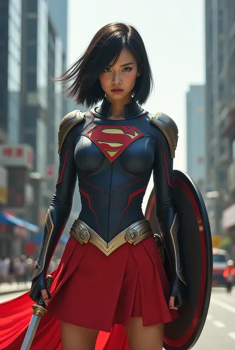 Japanese woman wearing a supergirl costume、Beauty、Black straight short hair、 red skirt 、 near future city、 Japanese Knife 、shield、armor、Armor、 Fighting Poses、 realistic 