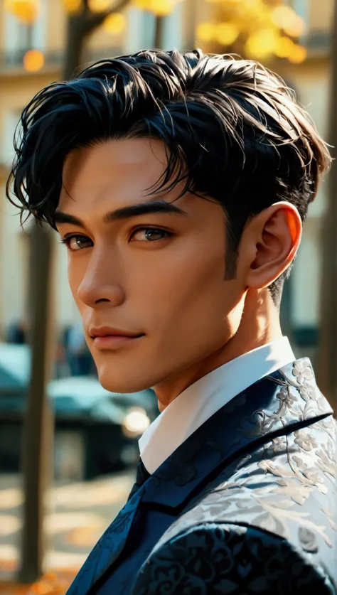 full shot a 29-year-old Asian man with short black hair defined by a nice classic slick back, showcasing a strong square face, round black eyes, adorned with a prominent nose, and look cheekbones accentuating a distinguished and confident impression. His l...