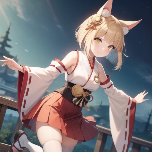 (masterpiece, best quality:1.2),illustration,8k,hd,1girl,solo,cowboy shot,mutsu (azur lane),animal ears,bell,whitehair,whitethighhighs,yellow eyes,detached sleeves,fox ears,hair ornament,hakama skirt,japanese clothes,jingle bell,kagura suzu,miko,red skirt,...