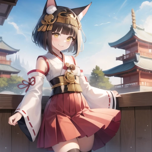 (masterpiece, best quality:1.2),illustration,8k,hd,1girl,solo,cowboy shot,mutsu (azur lane),animal ears,bell,whitehair,whitethighhighs,yellow eyes,detached sleeves,fox ears,hair ornament,hakama skirt,japanese clothes,jingle bell,kagura suzu,miko,red skirt,...