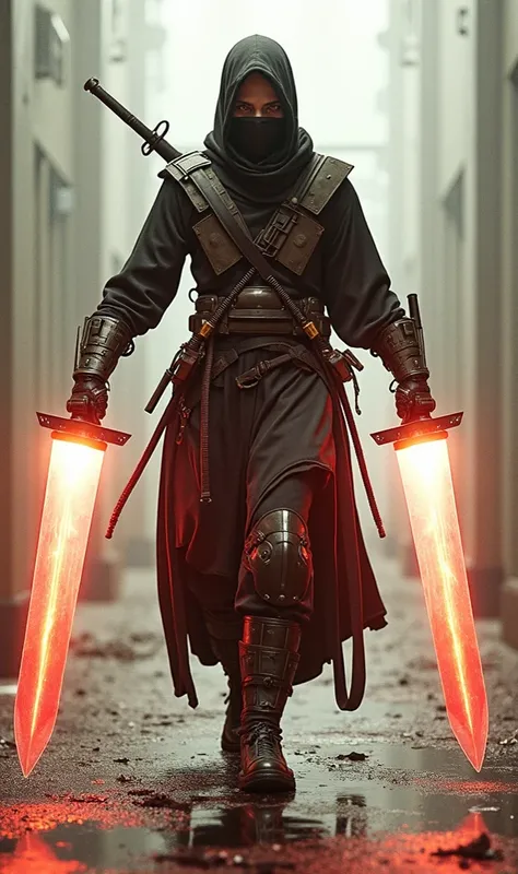 ninja/ Costume in black /  Gray detail / Robotic parts/ Double-bladed sword in the hand/ belt with weapons / Warrior/ Villain/