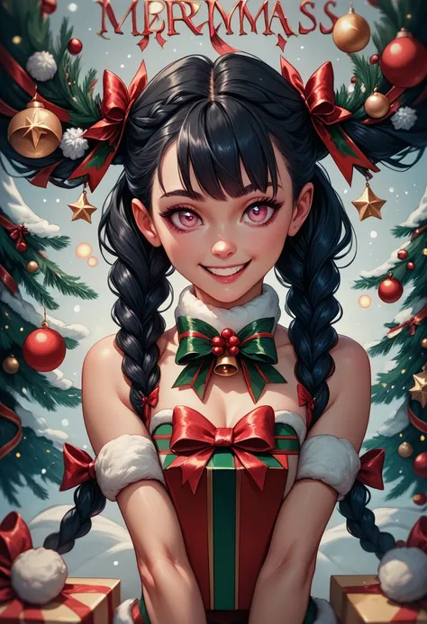 (Two Braided twintails, black hair, pink eyes:1.3), masterpiece,1girl, solo, happy merry christmas