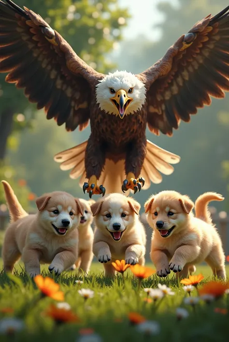 6 puppies play in a garden ,  while an eagle takes one and eats it while the others flee in a panic