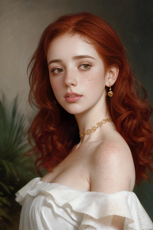 Sexy spanish girl, slender neck, (freckled face, blush:1.3), choker, wearing pyjamas off the shoulder, messy hair, redhead, flowing white fabric, fantasy art, concept art, delicate features, feminine, seductive, confident, closeup, (Chiaroscuro lighting), ...