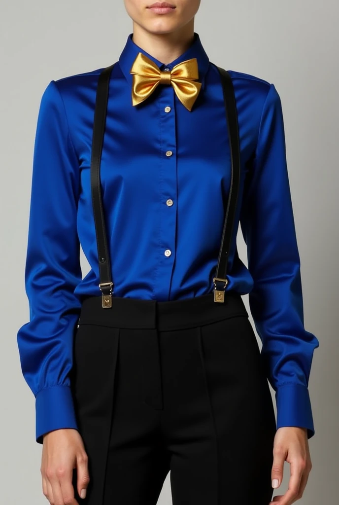 Create an outfit blue shirt  #526ba1 gold bow tie and black pants with black straps 