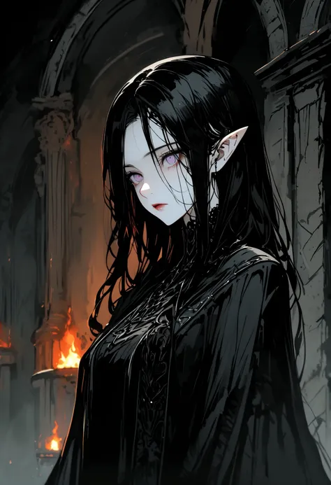 solo, female, loose long black hair, light hair curls:0.3, straight hair, pale purple eyes, pale skin, dhampyr, black clothes, fantasy, night, dark, subdued bloodthirst, elegant but practical clothes, stoic, dual blades, broad shoulders, fit, elegant, simp...