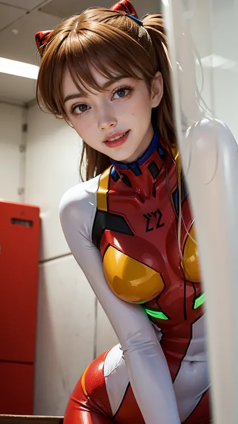  Soryu Asuka Langley、Alone、 Translucent Plug Suit Orange、、、、 Slender Woman Who Smiles Lustfully 、 pose using medium bust 、Glowing Suit 。