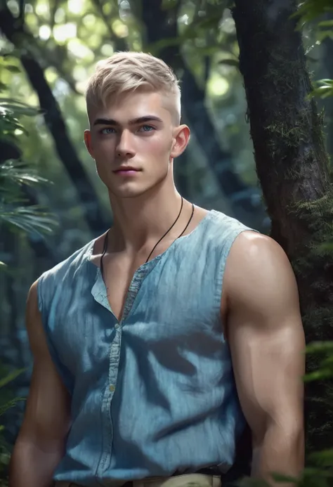 1 young man, inside a forest at night with moonlight, shirtless with slightly defined body and sparse chest hair, detailed facial features, beautiful blue masculine eyes, detailed fair skin, short blond buzzcut hair, light beard, strong expression, dramati...