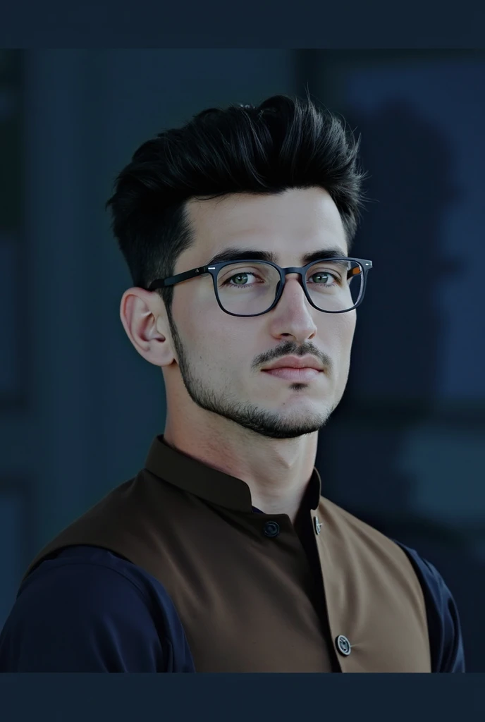 Man in suit with black hair combed back and green eyes 