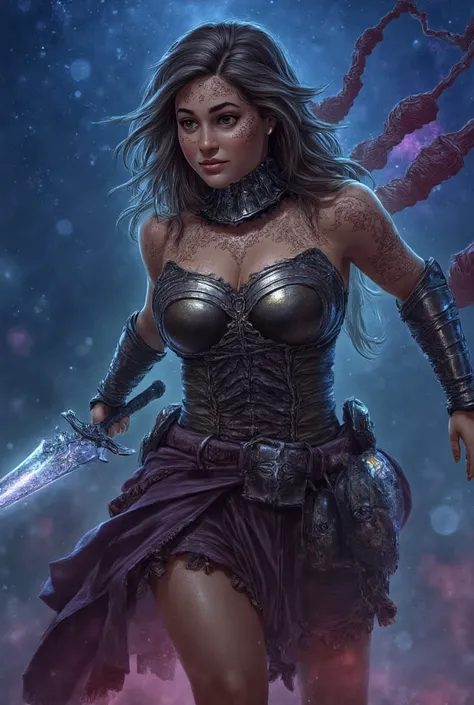 A powerful warrior woman in armor that blends metallic and organic designs, glowing constellation tattoos on her body, wielding a celestial sword in a star-filled, cosmic battleground.