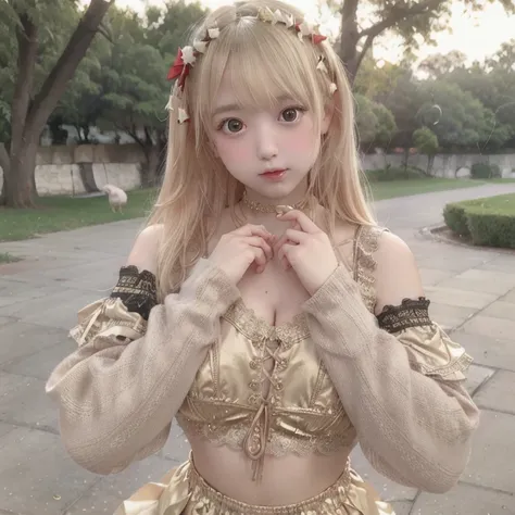  Japanese Beautiful Girls,round face、  big eyes、Droopy eyes、Blonde、 short bob from behind、 lace choker ,   princess style gothic lollies 、Pannier layered shoes 、 idol skirt that spreads in the wind, White and Gold and Red Dress ,   Max Image,  Realistic Ph...