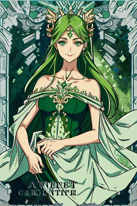 A strong woman,  long green hair with a thin and delicate face. Small shoulders ,  green eyes with a charming smile .  your clothes are very cartoonish ,  referring to Greek gods .