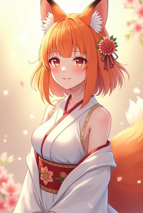 masterpiece, best quality, highly detailed, 1girl, solo, (nude, :3:0.9), animal ear fluff, animal ears, orange hair, fluffy hair, blush, brown eyes, flower, fox ears, fox girl, gradient, gradient background, hair flower, hair ornament, japanese clothes, ki...