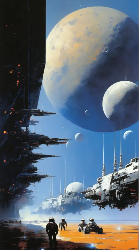 Masterpiece, highest quality, very detailed, absolute resolution, high resolution, highest quality, 8K, John Harris Style - Moon walk John Berkey huge space ships in the distance