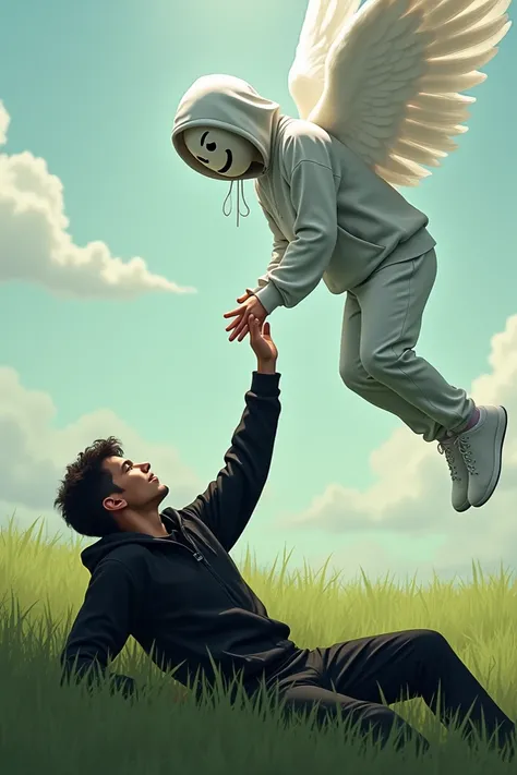 A man lying down on a grassland putting on a black hoodie a black joggers and :-( mask stretching out his hand to another man who is wearing a white hoodie white joggers and a smiling face face mask flying and being carried by people carried by Angels