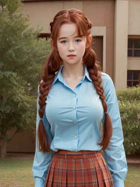 (best quality,4k,8k,highres,masterpiece:1.2),ultra-detailed,(realistic,photorealistic,photo-realistic:1.37), ((a schoolgirl wearing skirt and shirt, solo, shy)), ((very large bust size for her young age)), braided red hair, pale skin