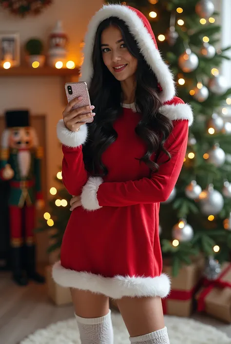 image shows a woman dressed in a festive Santa-inspired outfit posing in front of a decorated Christmas tree. She is wearing a red dress with white faux fur trim and a hood, paired with cozy white knit leg warmers. Her long, wavy dark hair cascades over he...