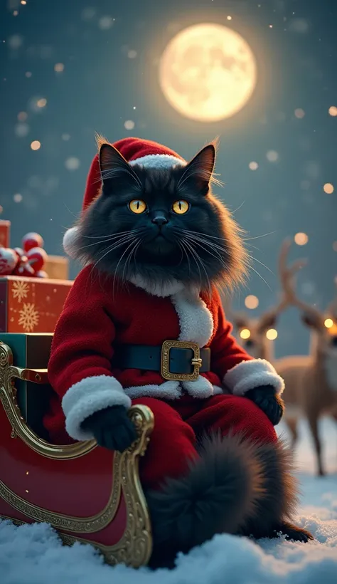    ultra realistic fluffy beautiful black Siberian cat ,    detailed wool   , Mustachioed and fluffy     (   On my feet,  like a real cat    ),    fluffy gorgeous tail   ,   bright detailed live yellow glowing eyes   , dressed in a red Santa suit , Santas ...