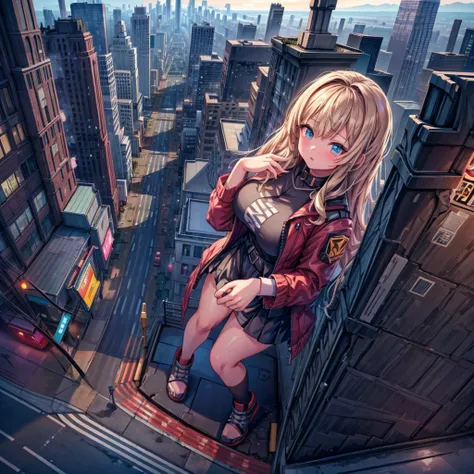 Giantess　(( Huge Girls Look Down From Above))　Metropolis　Skyscraper district　 Destroyed Skyscrapers 　Destroyed Vehicles 　Railway　line　Railroad crossing　station　 young girl　masterpiece　Unreal Engine　