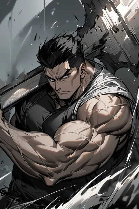 man, high, strong, muscular,  beautiful,  short black hair,  black eyes,  boring look, Chinese white shirt attached to his body, He has a gigantic axe .
