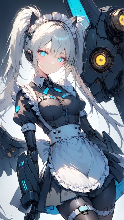 masterpiece,top quality, high definition ,Ultra-Definition Illustration, Detailed Background , detailed skin, detailed face , detailed eyes on board, sci-fi , Cyberpunk, 1 girl in uniform, cyborg, small breasts,(expressionless:1.2),(Maid:1.6),(Maid Apron:1...