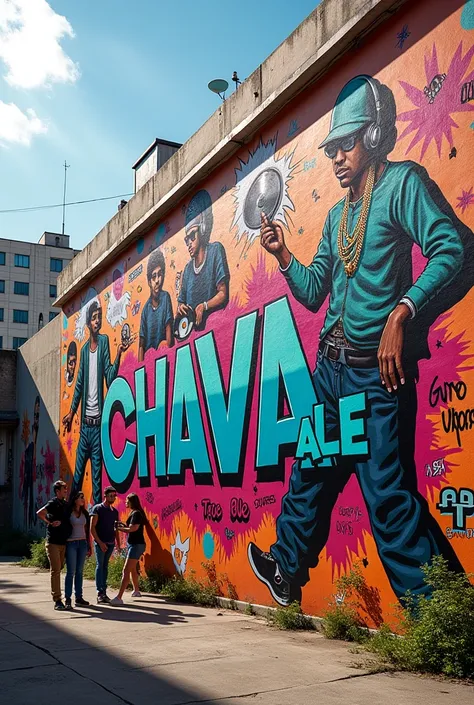  A gratiffi showing the elements of hip hop that mainly says the name Chava Ale, The image must be like a panoramic photo 