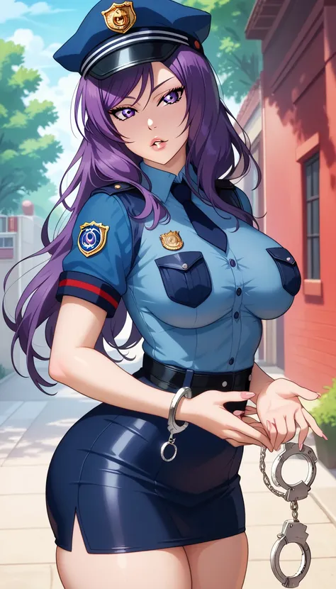 Female, Curvy body shape, purple hair, Bold geometric design, nishikino maki, sexual and bold posture, Outdoors, RUKIA Style,long hair, purple eyes,looking at viewer,seductive face,thin torso, narrow waist, police clothes,short skintight skirt, police cap,...