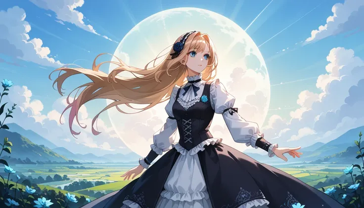 ( Highly Detailed CG Unity 8K Wallpaper,masterpiece,  top quality,  ultra detail),(Best lighting,  vest shadow,  very delicate and beautiful ),floating, high saturation , blonde hair + blue eyes:1.2,Dim gothic landscape ,  long hair,  looking into the dist...