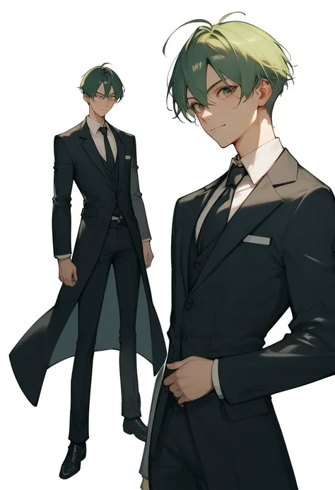  white background ，黑色头发cartoon鲁路修， CC character green hair ，《Lulu the Rebellious 》cartoon人物形象， looking at the camera，Handsome face ， handsome black costume design ，Black Suit ，Armor， Full Body Photo ，Skinny and tall ，atmosphere，cartoon