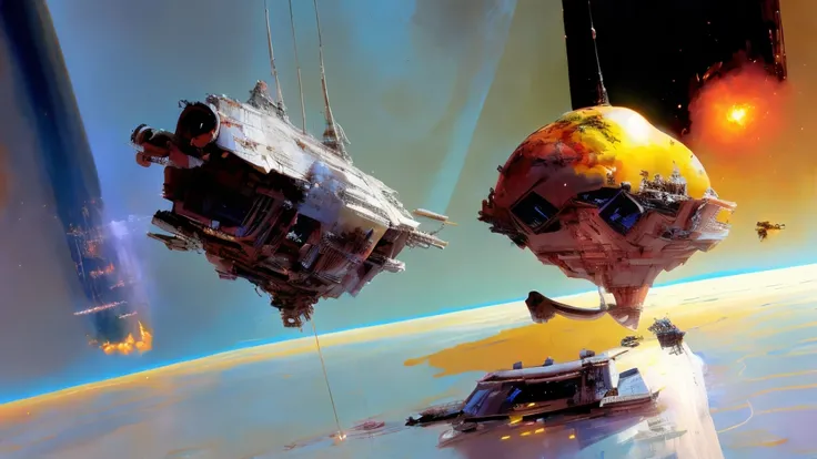 by John Berkey satellites in space orbit around the Earth, John Berkey space art style cinematography, atmospheric, photorealistic, elegant composition, Depth of Field, DOF, Tilt Blur, White Balance, 32k, Super-Resolution, Megapixel, ProPhoto RGB, VR, Half...