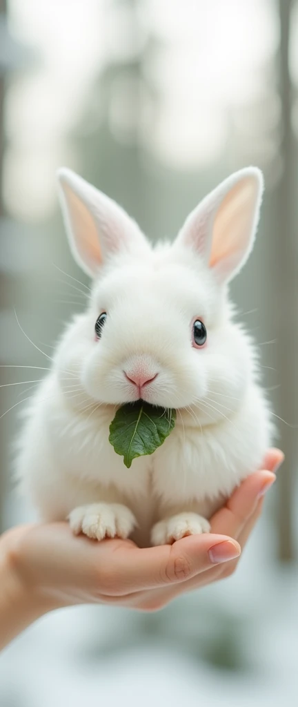 This is a high-resolution photo of a very small, fluffy white rabbit carefully held on a finger. Rabbit Eating Red Spinach The rabbit, with its soft, plush fur and large, expressive dark eyes, becomes the focus of the image. The rabbits ears are erect and ...