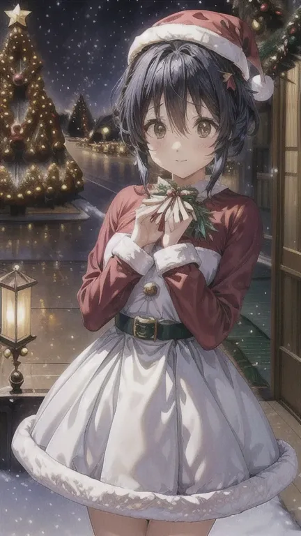 (  masterpiece  , top quality,  top quality,  Official Art , beautiful、 and aesthetic:1.1), night、 Christmasのイルミネーション:1.2、(( Christmas:1.4))、大きな Christmasツリー,  one girl,  Im looking like Santa Claus , Santa hat,  embarrassed