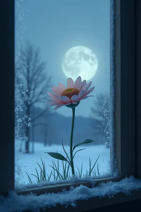 Windy winter night.  flower beside window 