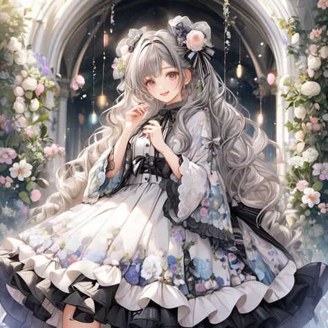 flower hair ornaments,{{タンザナイトカラー dress }}, gray タンザナイトカラー dress ,wide sleeves,floral print sleeves,Gothic lolita、 タンザナイトカラー skirt ,layered skirt,white sleeves，Curly long hair，a beauty girl，Fine hands，Fine fingers，(Best Quality)Fine details，There are a lot...