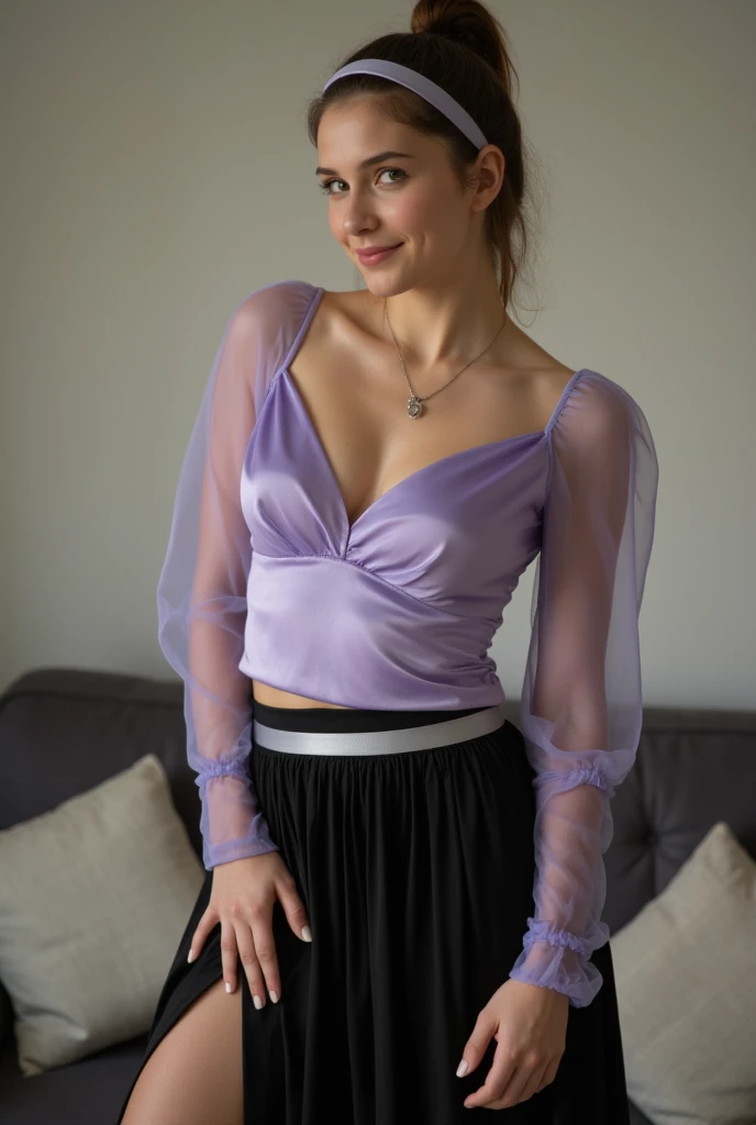 ultra Realistic upper body of a beautiful young brunette German woman with ponytail, headband, Necklace, smile. Beautiful legs and high heels , She stands in the livingroom, She wears a light purple satin top with long transparent tüll sleeves and a tight,...