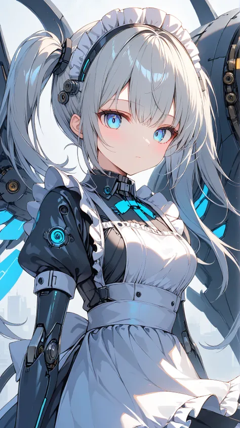 masterpiece,top quality,high resolution,Ultra-Definition Illustration,detailed background,detailed skin,detailed face,detailed eyes,long eyelashes,science fiction,cyberpunk,one girl,cyborg,small breasts,( expressionless:1.2),(maid:1.6),(maid Apron:1.4), si...