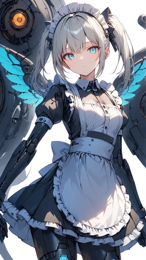 masterpiece,top quality,high resolution,Ultra-Definition Illustration,detailed background,detailed skin,detailed face,detailed eyes,long eyelashes,science fiction,cyberpunk,one girl,cyborg,small breasts,( expressionless:1.2),(maid:1.6),(maid Apron:1.4), si...