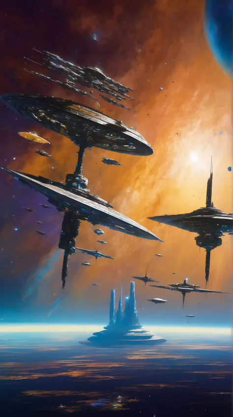 John Harris Style - A large space station in the deep sky, parked spaceships, painting in the style of Vincent Di Fate and John Berkey and John Harris, Master piece, award winning, 4K, UHD