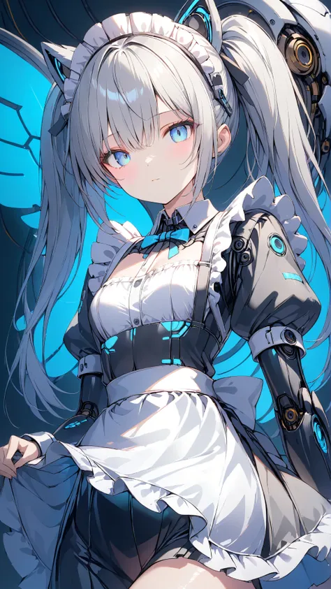 masterpiece,top quality,high resolution,Ultra-Definition Illustration,detailed background,detailed skin,detailed face,detailed eyes,long eyelashes,science fiction,cyberpunk,one girl,cyborg,small breasts,( expressionless:1.2),(maid:1.6),(maid Apron:1.4), si...