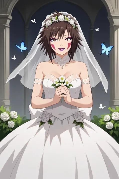 score_9, score_8_up, score_7_up, 1girl, solo, inuzuka tsume, facial mark, brown hair, spiked hair, short hair, makeup, purple lipstick, slit pupils, 1girl, dress, veil, solo, butterfly, bug, wedding_dress, bridal_veil, white_dress, flower, smile, open_mout...