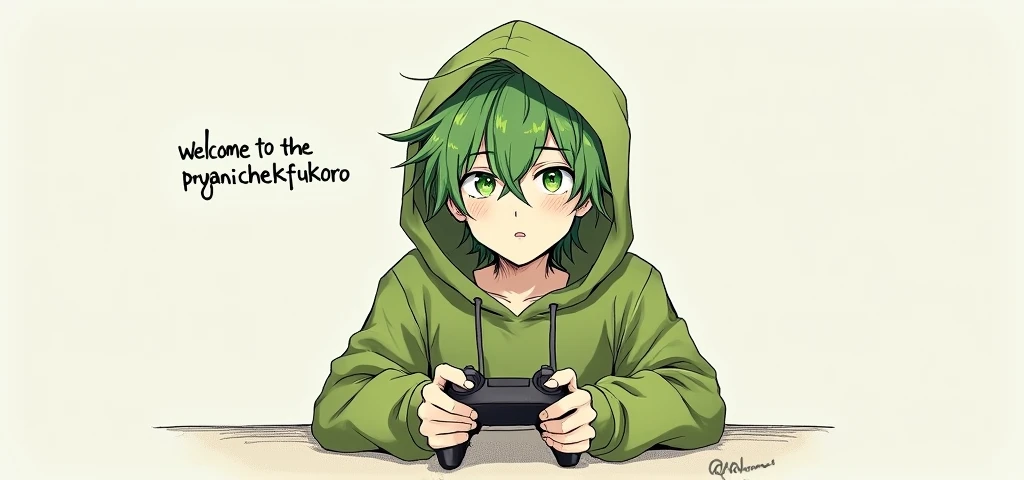 sketch style Anime guy in a green hoodie with green eyes looks at the camera in his hands, he has a joystick and the inscription Welcome to the PryanichekFukoro channel.